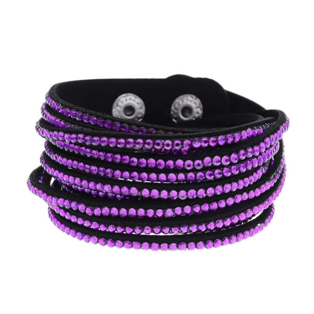 Purple Crystal Studded Black Layered Wrap Bracelet